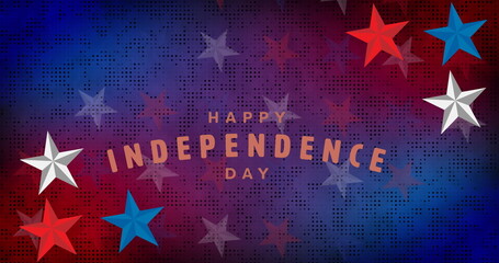 Image of happy independence day text over stars on red and blue background
