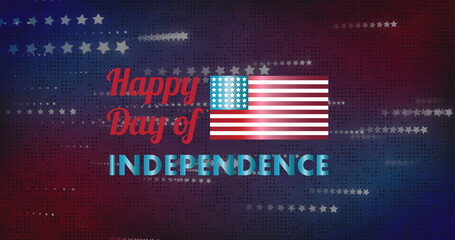 Fototapeta premium Image of happy day of independence text over stars on red and blue background