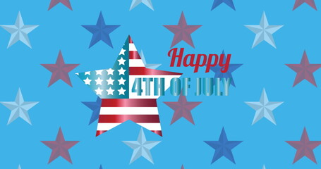 Image of happy 4th of july text over stars on blue background