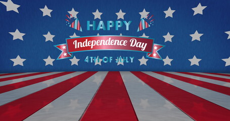 Image of happy independence day text over stars and stripes on blue background