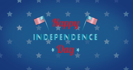 Image of happy independence day text over stars on blue background