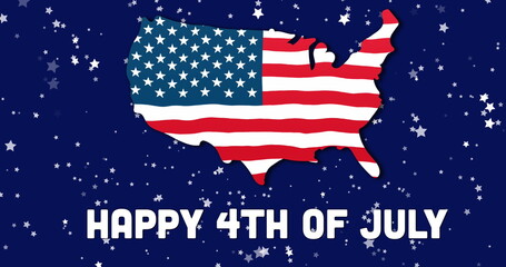 Image of happy 4th of july text with map of usa over stars on blue background