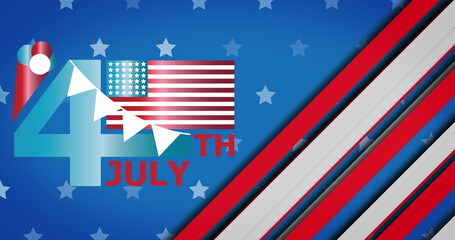 Image of 4th july text over stars and stripes on blue background