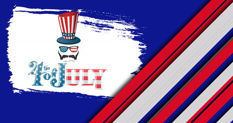 Image of 4th of july text over with icons over red and white stripes on blue background