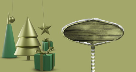 Image of christmas decorations with road sign on yellow background with copy space
