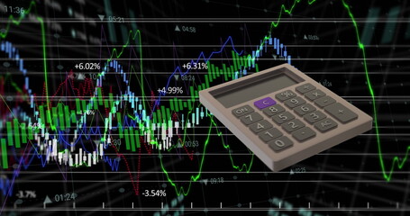 Image of calculator moving and data processing over stock market on black background