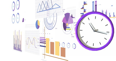 Image of clock moving and data processing on white background