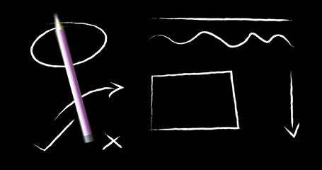 Image of pencil moving and drawings on black background