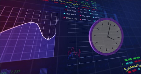 Image of clock moving, stock market and data processing on blue background