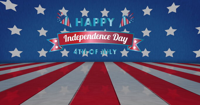 Naklejki Image of happy independence day text over stars and stripes on blue background