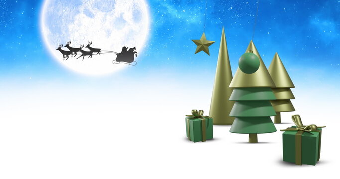 Naklejki Image of christmas decorations over santa claus in sleigh with reindeer and moon on sky