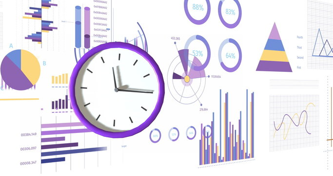 Image of clock moving and data processing on white background