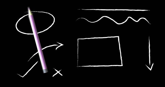 Image of pencil moving and drawings on black background