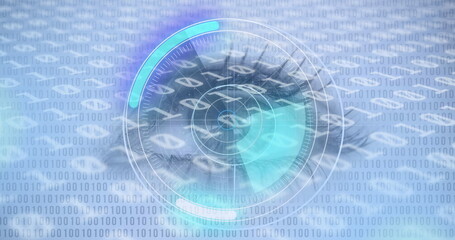 Round scanner and binary coding data processing against close up of female eye