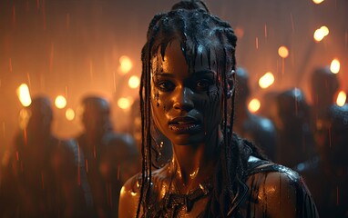 A woman with dreadlocks stands before a crowd at a midnight art event