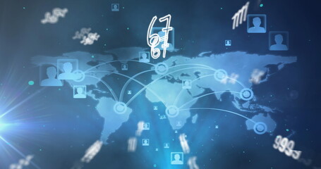 Multiple numbers and symbol floating over profile icons and world map on blue background
