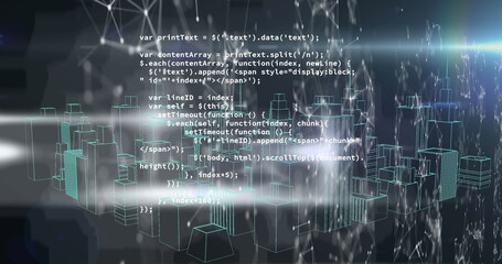 Network of connections and data processing against 3d city model sinning against black background