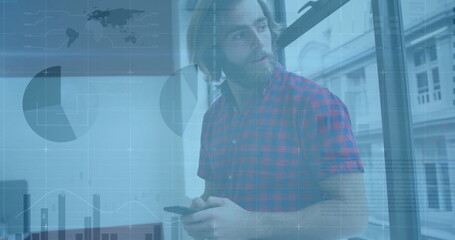 Image of financial data processing over caucasian businessman using smartphone