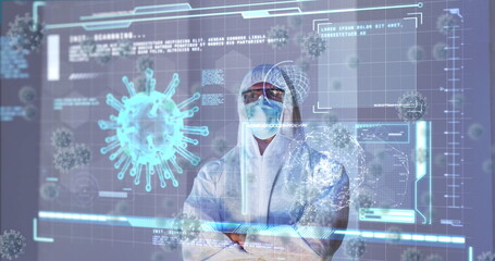 Image of virus cells and digital interface over male doctor wearing face mask