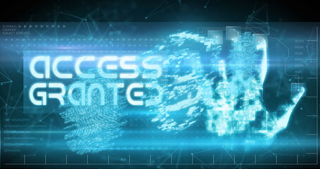 Image of access granted text, online security padlock and biometric fingerprint