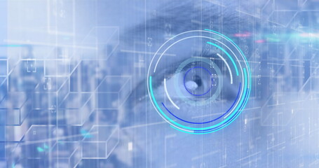 Image of scope scanning and data processing over woman's eye on blue background
