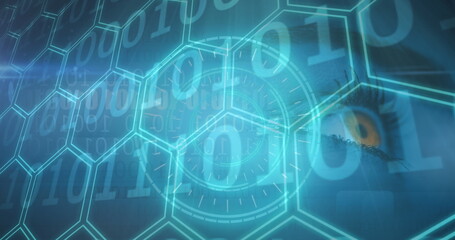 Image of binary coding over scope scanning and network of hexagons over eye