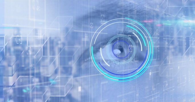 Image of scope scanning and data processing over woman's eye on blue background - Powered by Adobe