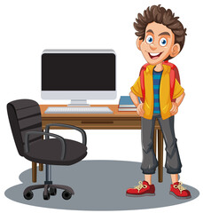 Cheerful cartoon boy standing by a computer desk.