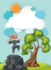 Cartoon grandma jumping joyfully near a tree