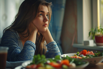 A candid portrayal of a young woman making dietary choices highlighting the complexity of weight management and self-care. - obrazy, fototapety, plakaty