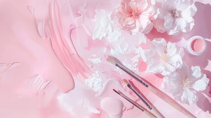 Vibrant pink and white flowers paint strokes on a canvas with scattered brushes, capturing a moment of artistic creation