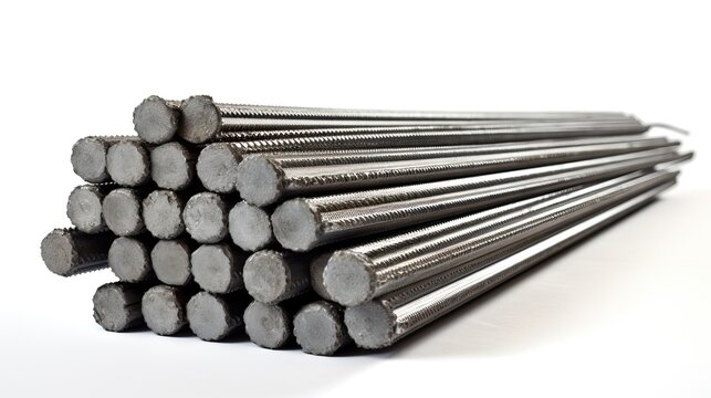 Still life image of Steel rods or bars used to reinforce concrete on a white background.


