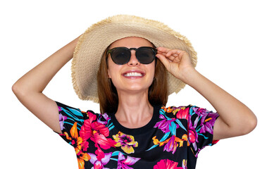 Isolated cheerful woman in sun straw hat and sunglasses looking and smiling.