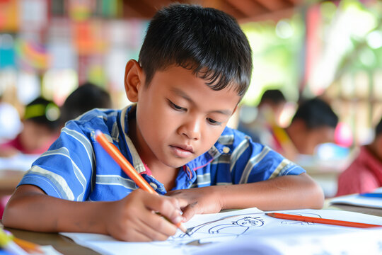 Child boy enthusiastically draws with pencils and felt-tip pens