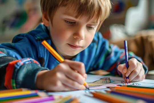 Child boy enthusiastically draws with pencils and felt-tip pens close-up