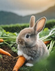 the innocence of baby bunnies in a carrot garden, with soft natural lighting