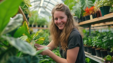 Happy smiling woman gardener working in a greenhouse.