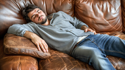 Man napping peacefully on a leather couch.