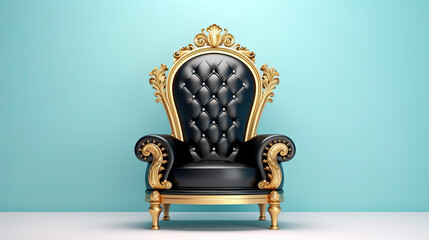 Golden and black luxury throne. isolated on pastel blue background