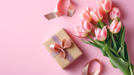 A romantic Mother's Day concept featuring a top-view photo of a gift box with a ribbon and a bouquet of tulips on a pink background
