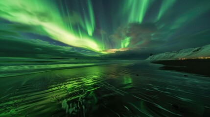 Glimpse of Northern Lights at Beach: Captivating Green Aurora Lights up Night Sky and Landscape - obrazy, fototapety, plakaty