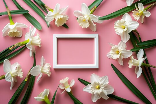 mockup white empty picture frame with daffodil flowers top view on pink background, floral template empty card flat lay for design with copy space
