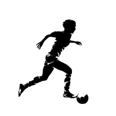 Female football player running with ball, woman playing soccer, isolated vector silhouette, side view