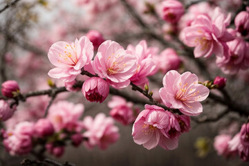 Obraz premium Beautiful cherry blossom sakura in springtime pink peach flowers on white background Ai generated