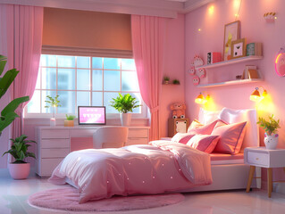 Girl's room in pink neon light with large bed and desk - 757885503