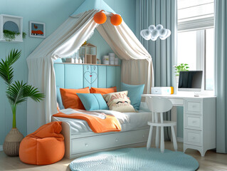 A teenager's room or children's room with a four-poster bed and a desk in turquoise and orange - 757885530