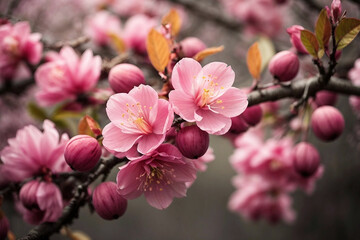 Fototapeta na wymiar Beautiful cherry blossom sakura in springtime pink peach flowers on white background Ai generated