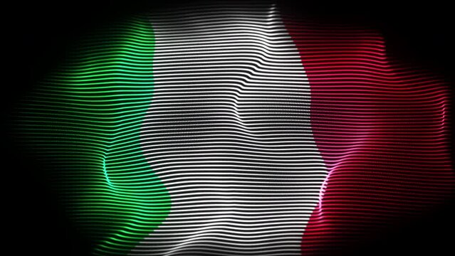 Italian Republic flag waving in the wind on black background. Concept of patriotism, symbol of statehood and national identity. Flapping Italy flag made of wavy digital pixelated lines 4K looped video