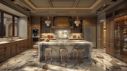 Luxury redefined: marble island kitchen oozing sophistication and timeless charm. - obrazy, fototapety, plakaty