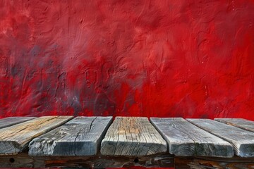 Wooden deck table on red grunge background - generative ai